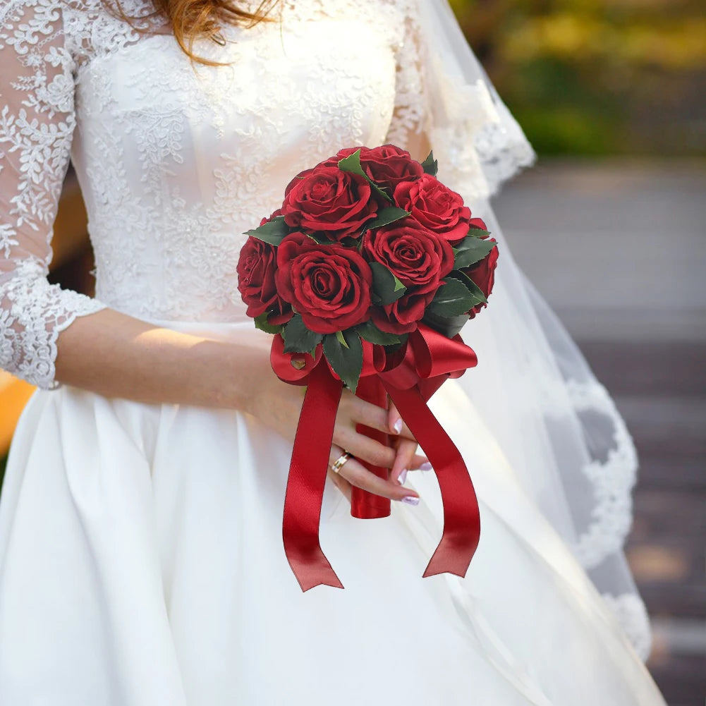 Rote Rose Brautstrauß Hochzeitsstrauß Rose mit Blumen Künstlicher Handstrauß für Hochzeitstermine Urlaubsgeschenke