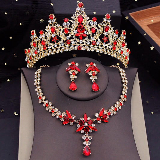 Rote Brautschmuck-Sets für Frauen, Diademe, Krone, Halskette, Ohrringe, Set für Hochzeitskleid, Braut, Kostümzubehör