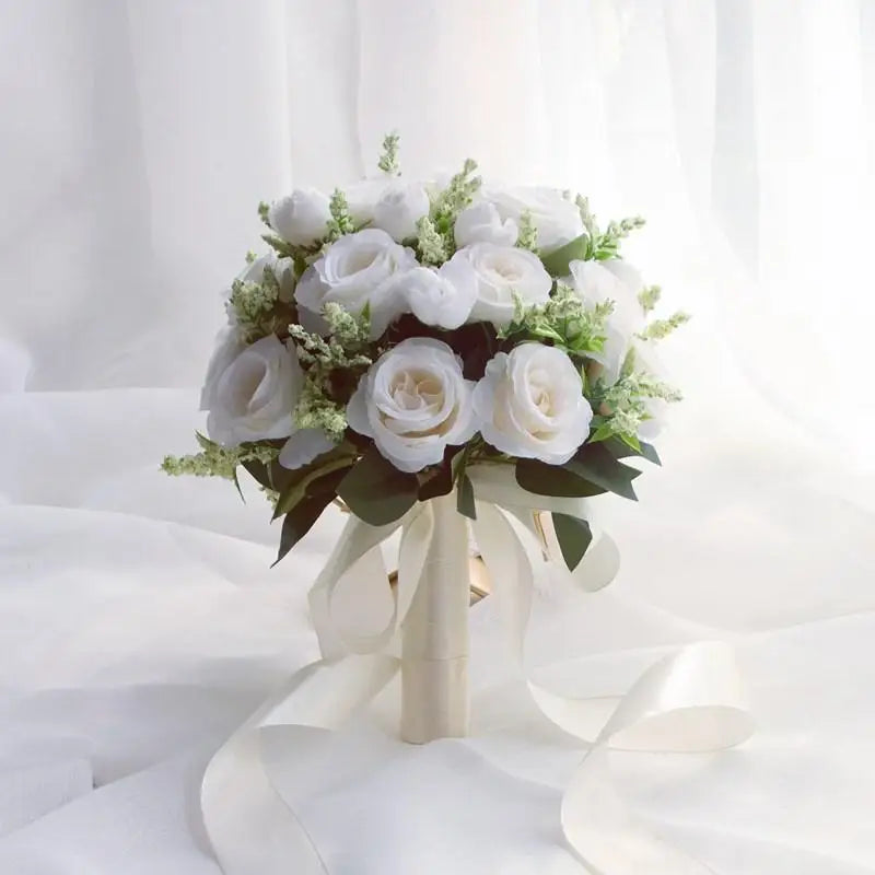 Braut Brautjungfer Hochzeitsstrauß Weiße Seidenblumen Rosen Handgemachte Künstliche Braut Mariage Bouquet Hochzeitszubehör